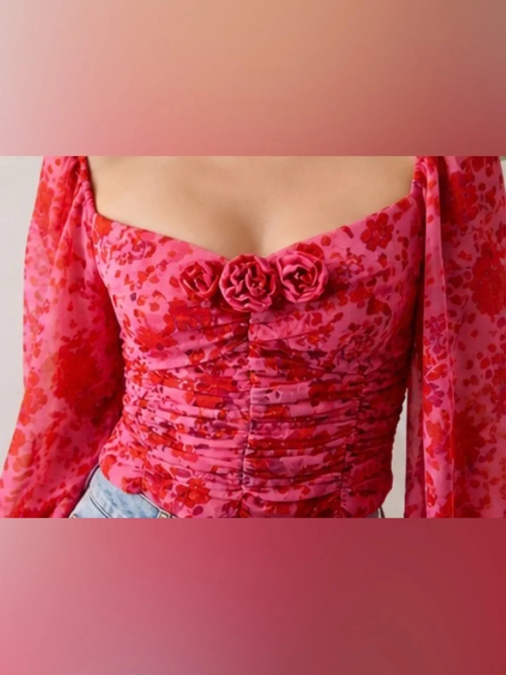 FREE PEOPLE FOREVER FEMME Oh La La TOP SMALL PINK FLORAL RUCHED PUFF SLEEVE
